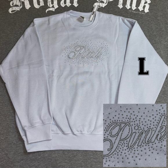Victoria’s Secret PINK NWT Hydrangea Blue Glitter Bling Crewneck Sweatshirt - LG - Picture 1 of 4